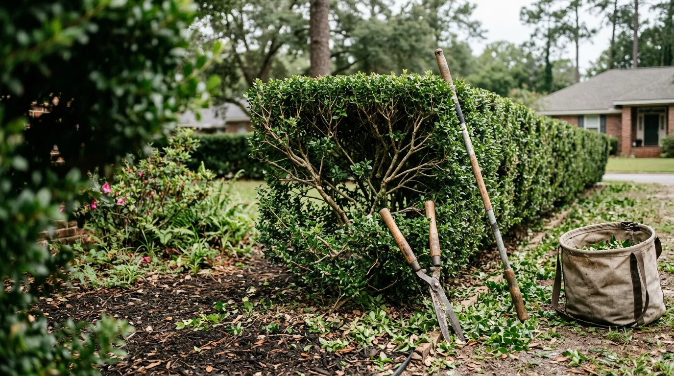 Neatly trimmed green hedges lining the front yard of a residential property in Tallahassee, Florida, with clean edges and uniform height after professional shaping. Surrounding lawn and garden beds are visible in the background under bright Florida sunlight.