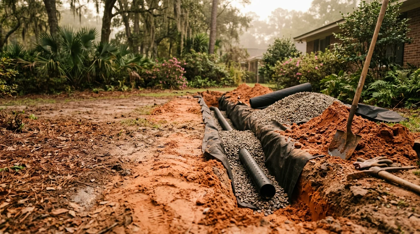 A Tallahassee residential yard with a newly installed surface drainage channel directing water away from a clay-soil lawn after a heavy rain. Leon County neighborhood homes are visible in the background.