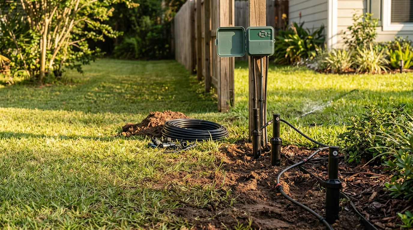 A freshly installed in-ground irrigation system with sprinkler heads set flush to the lawn in a residential yard in Tallahassee, Florida. Green turf surrounds the heads with a landscaped plant bed visible in the background.