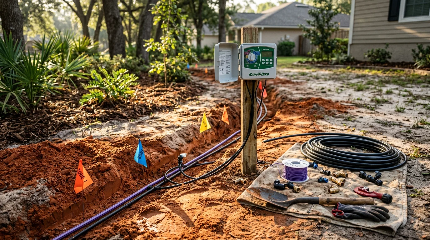 A professionally installed lawn irrigation system running across a green residential yard in Tallahassee, Florida, with sprinkler heads watering an evenly maintained turf area bordered by landscaped planting beds.