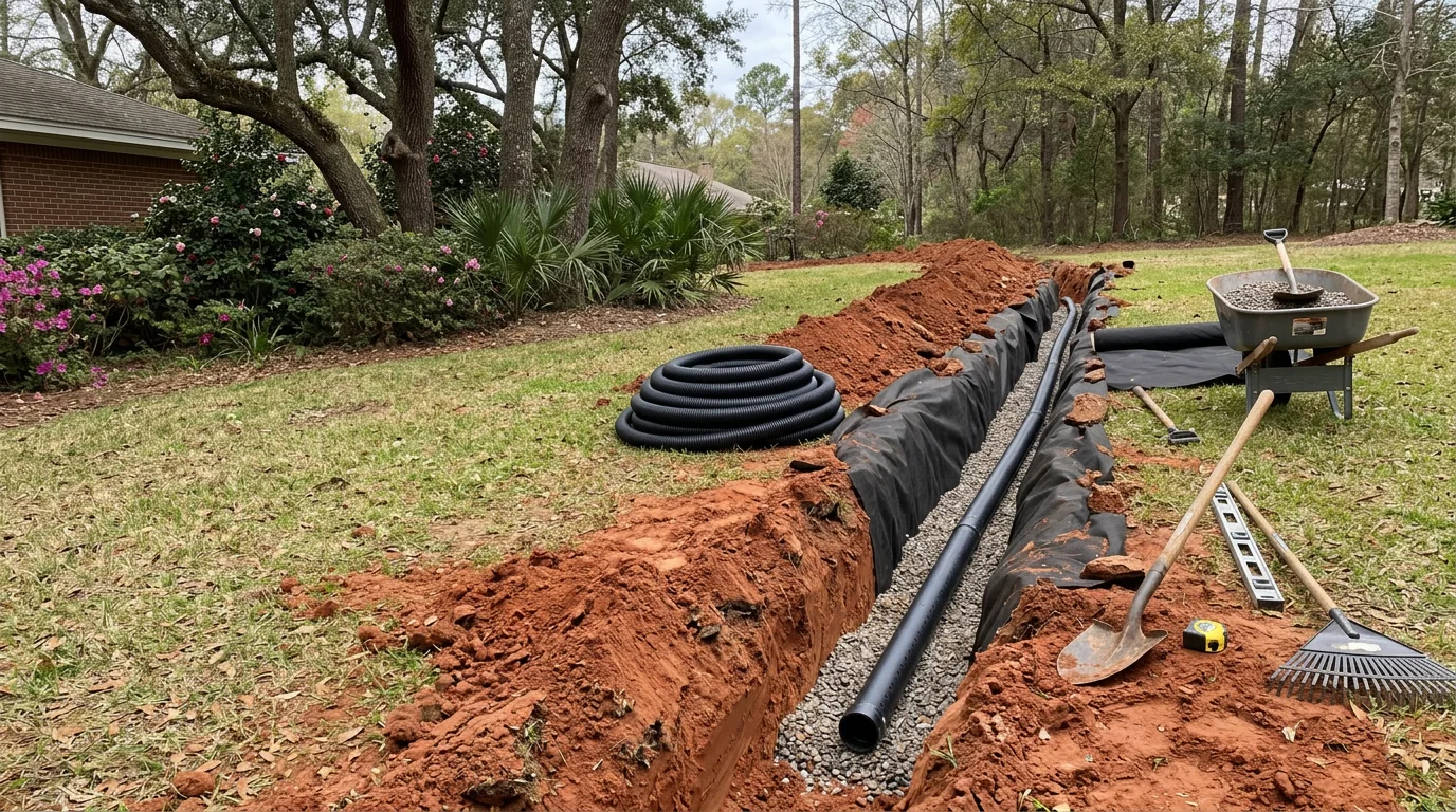 A residential yard in Tallahassee, Florida showing a newly installed landscape drainage system with a channel drain set into a lawn area. The surrounding turf and plant beds are intact, with no standing water visible after rain.