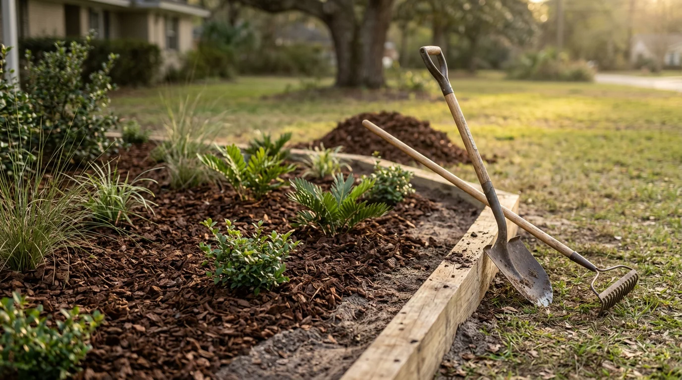 A remodeled residential backyard in Tallahassee, Florida, featuring reshaped planting beds, fresh ground cover, and a clean lawn layout. The space reflects the lush, tree-lined character common to Leon County neighborhoods.