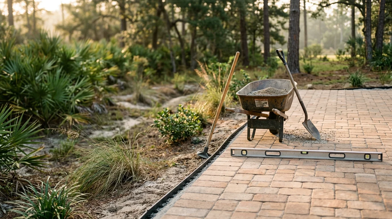 A finished backyard in Tallahassee, Florida showing a stone paver patio bordered by planted landscape beds with shrubs and ground cover. The hardscape and softscape elements are integrated on a residential Leon County property.