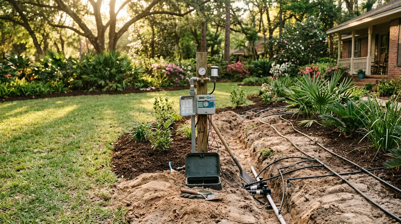 A residential lawn in Tallahassee, Florida with an active irrigation system running across a green turf yard bordered by established planting beds. Sprinkler heads are visible across multiple zones on a sunny Leon County property.