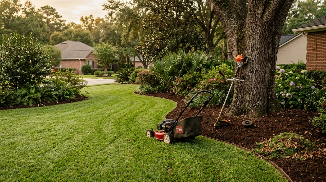 A neatly maintained residential lawn in Tallahassee, Florida, with clean mowing lines, trimmed plant beds, and edged borders along a suburban street. A landscaping crew works in the background on a property in Leon County.