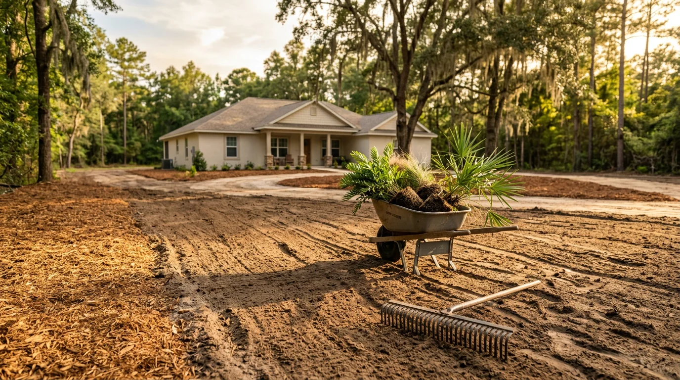 A freshly completed residential landscape installation in Tallahassee, Florida, showing shaped planting beds, ground preparation, and climate-suited plantings on a Leon County property. The finished yard reflects a structured landscaping process designed for North Florida's sandy soil and humid subtropical conditions.