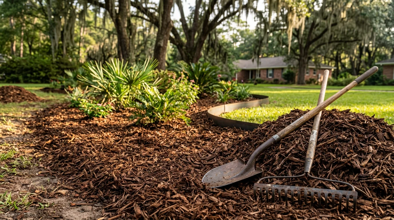 A freshly landscaped residential front yard in Tallahassee, Florida, with shaped planting beds, healthy turf, and mulched borders suited to the local clay-influenced soil. The property reflects the well-kept outdoor character common to Leon County neighborhoods.