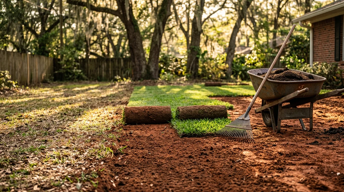 Freshly installed sod covering a residential lawn in Tallahassee, Florida, with clean edges along a driveway and mature oak trees visible in the background. The yard shows an even, green surface across a Leon County home.