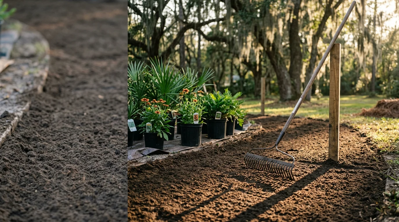 A freshly installed residential landscape in Tallahassee, Florida, featuring shaped planting beds, established shrubs, and a clean lawn on a Leon County property. The yard shows graded soil and organized plantings suited to North Florida's climate.