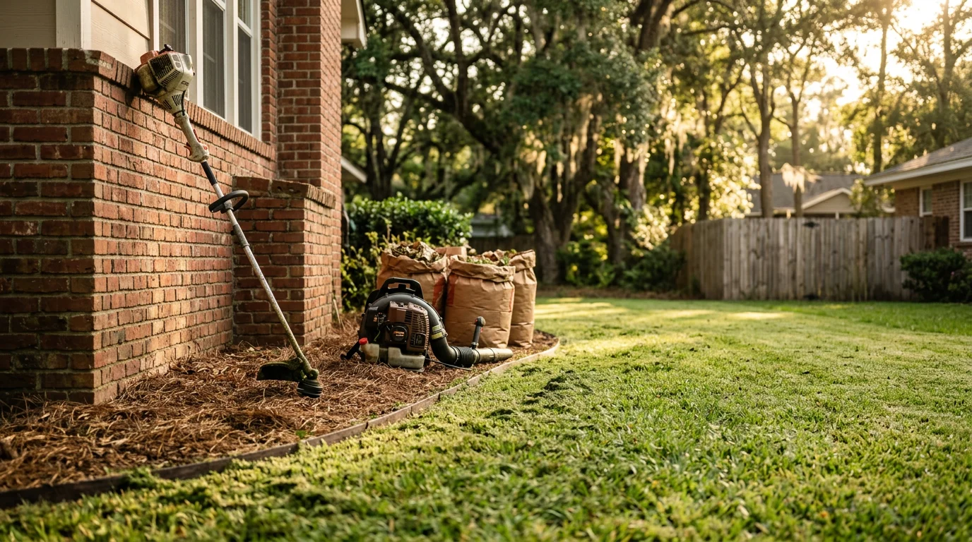 A well-maintained outdoor property in Tallahassee, Florida, with cleared debris, clean edges, and tidy ground cover typical of a Leon County residential yard. A landscaping crew works in the background on outdoor cleanup and upkeep tasks.