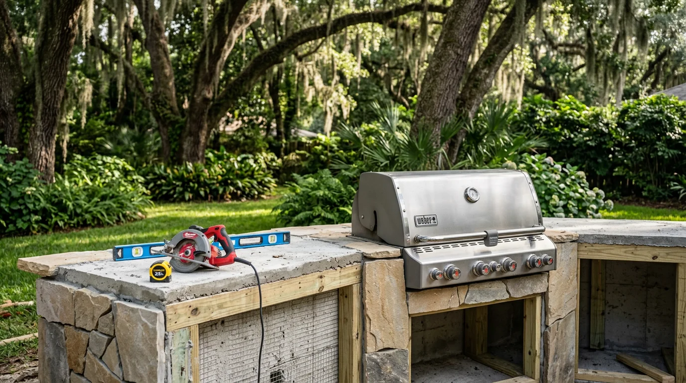 A completed custom outdoor kitchen in a Tallahassee backyard, featuring a built-in cooking area and counter space surrounded by mature landscaping. The structure is designed to handle North Florida's humid climate with weather-resistant materials and a layout suited to the local environment.