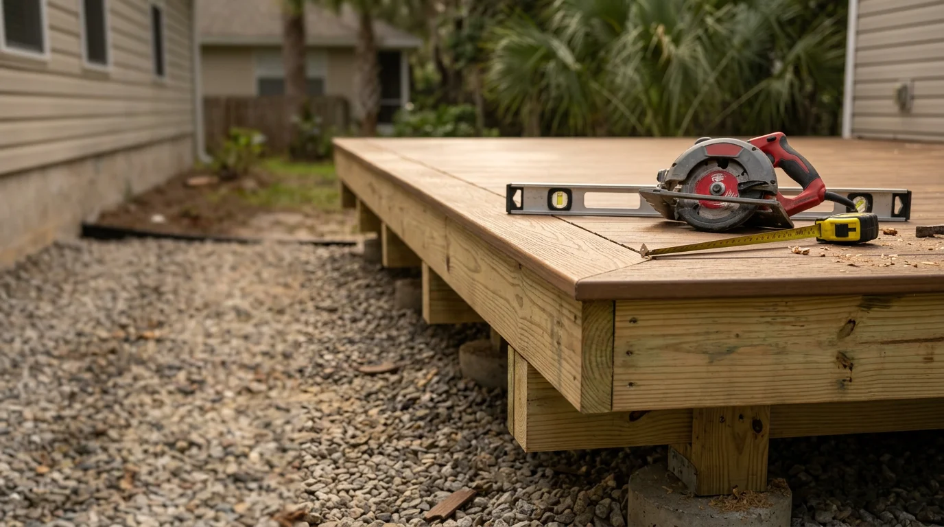 A custom backyard patio with a defined outdoor dining area built for a Tallahassee, Florida home, surrounded by green landscaping. The ground-level hardscape features a clean, level surface designed to manage drainage in Leon County's humid climate.