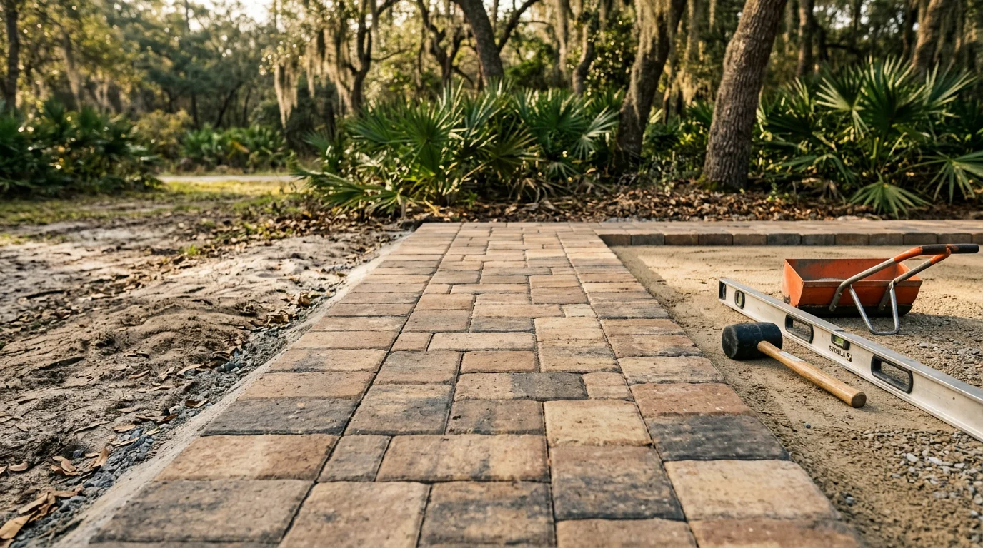 A finished paver patio in a Tallahassee backyard with a level surface, clean joint lines, and surrounding lawn. The patio extends from the rear of a residential home in Leon County.