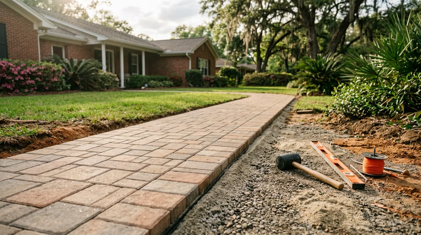A freshly installed paver walkway leading to the front entry of a residential home in Tallahassee, Florida, with neatly jointed pavers set against a green lawn. The path shows clean edge lines and a level surface typical of Leon County landscaping projects.