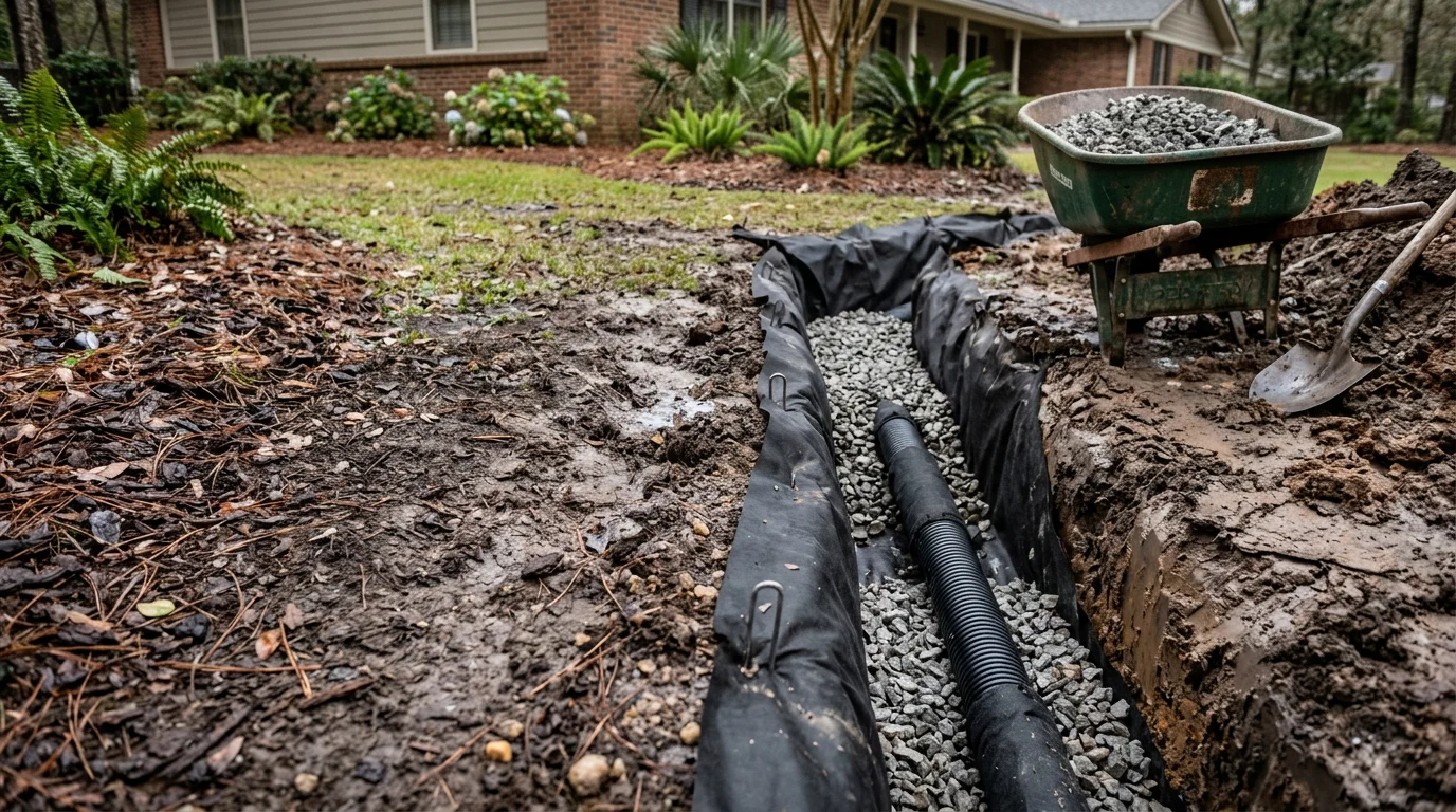 A Tallahassee residential yard after a drainage correction, showing dry, level turf with no standing water near the home's foundation. Mulch beds are intact and the lawn surface shows no erosion channels following a heavy Leon County rainstorm.