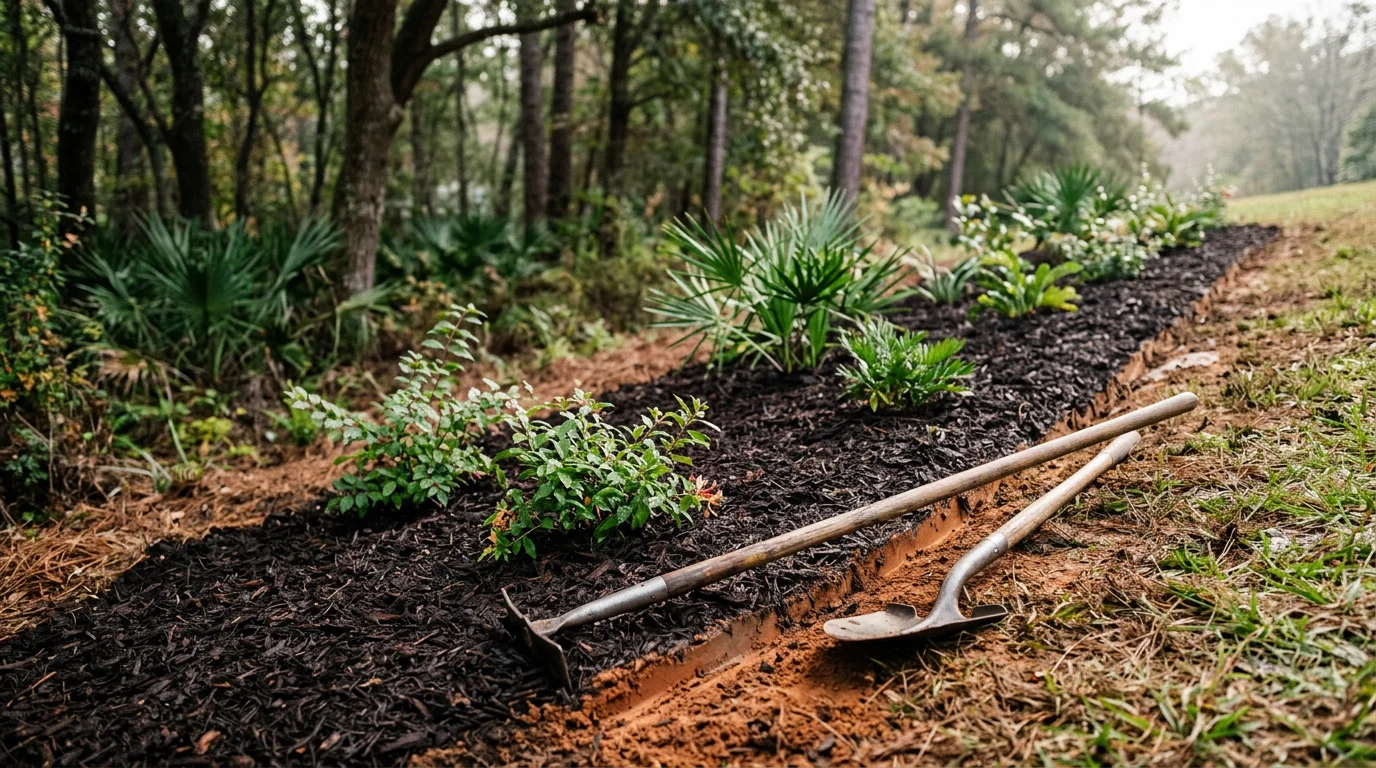 A well-maintained residential lawn and planted landscape beds on a Leon County property in Tallahassee, Florida. The yard shows clean edging, healthy turf, and structured plantings suited to North Florida's climate.