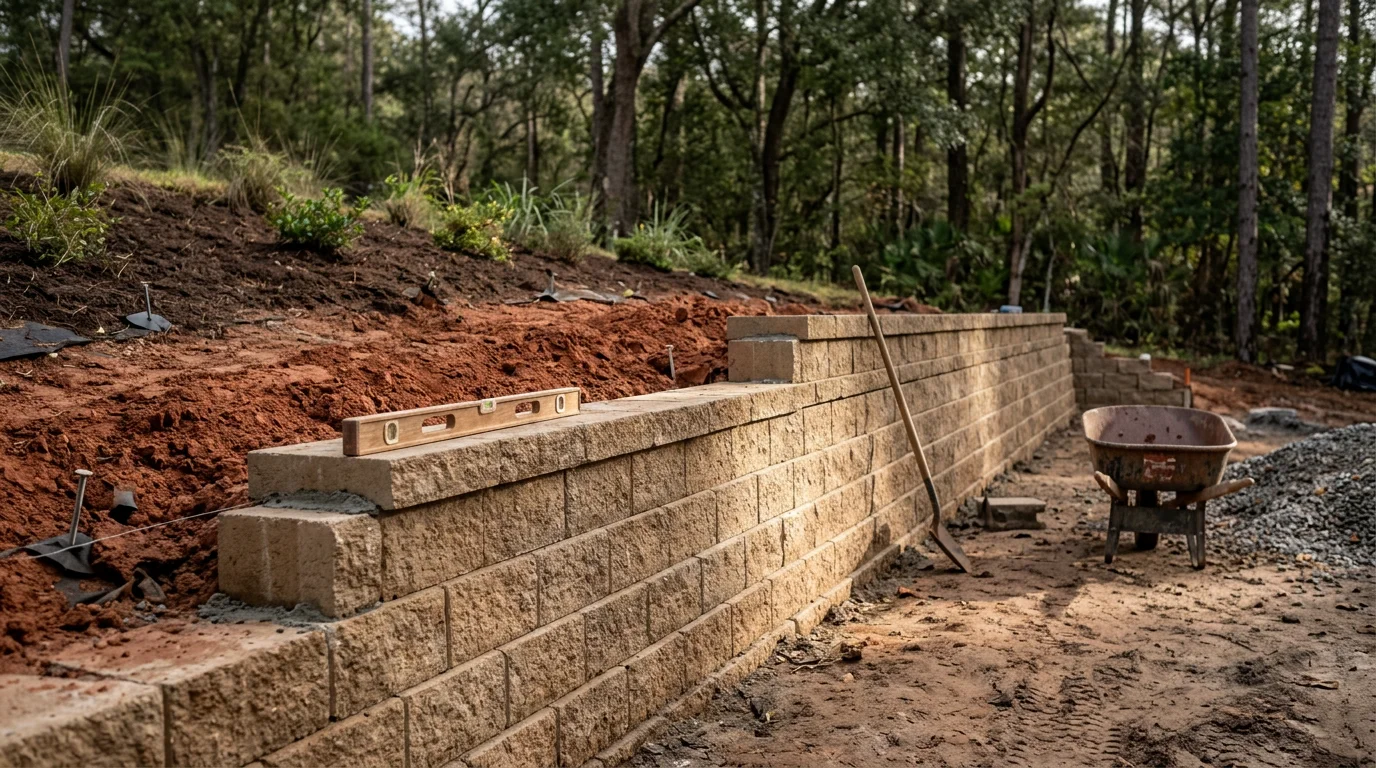 A finished retaining wall holding a sloped residential yard in Tallahassee, Florida, with level planting beds above and a clean lawn below. The wall runs along the property edge in a Leon County neighborhood with mature trees in the background.