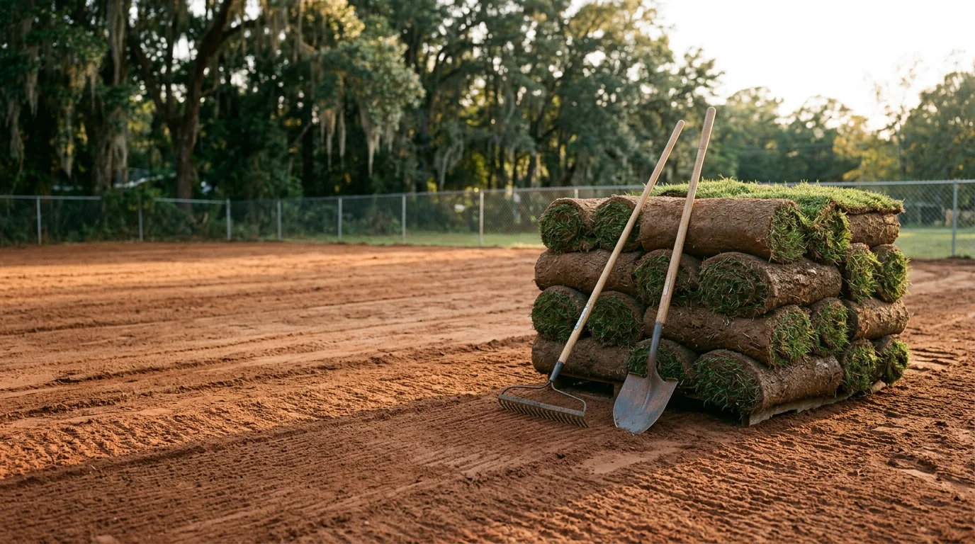 Freshly installed sod covering a residential front yard in Tallahassee, Florida, with clean edges along a concrete driveway and mature trees providing partial shade. A Talquin Landscaping crew works in the background laying sod rolls across graded soil on a Leon County property.