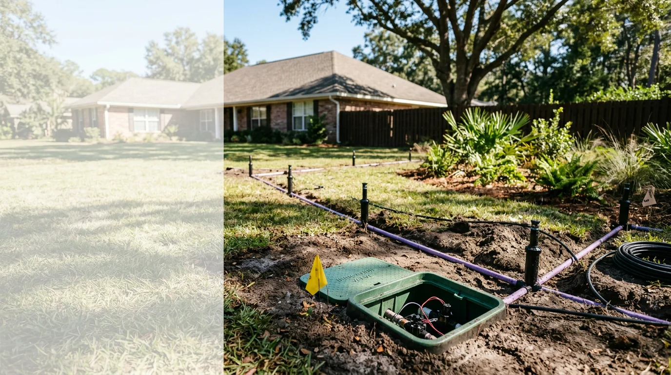 Newly installed sprinkler heads watering a green residential lawn in Tallahassee, Florida, with spray arcing evenly across turf in a Leon County neighborhood. A landscaping crew from Talquin Landscaping completes the zone setup in the background.
