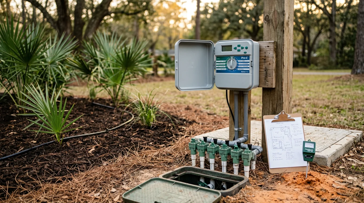 A residential lawn in Tallahassee, Florida with active sprinkler heads watering an evenly green yard on a sunny day. The system covers a well-maintained turf area typical of homes in Leon County neighborhoods.