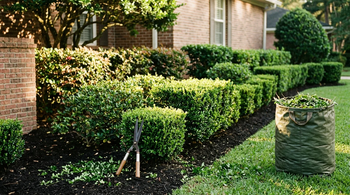 Neatly trimmed green shrubs lining the front of a residential home in Tallahassee, Florida, with clean edges and no clippings left on the ground. A tidy row of shaped foundation plantings frames the walkway in a Leon County neighborhood.