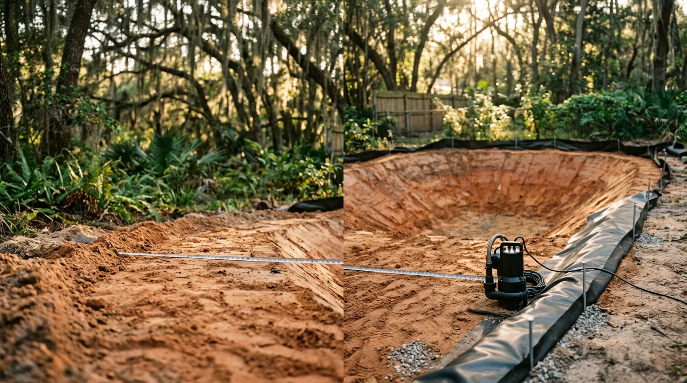 A custom backyard pond and waterfall installed by Talquin Landscaping in a Tallahassee residential yard, surrounded by lush green landscaping. The water feature includes stacked natural stone and a recirculating pump system suited to Leon County's warm climate.
