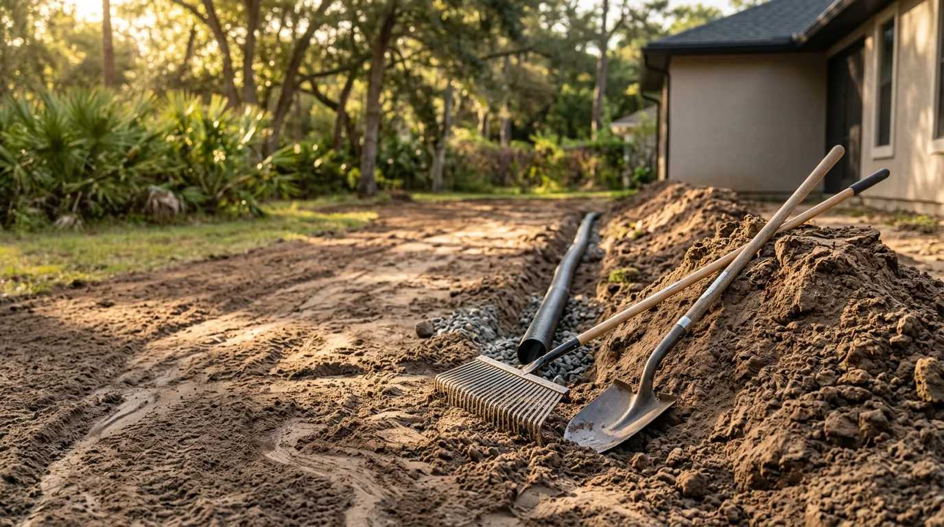 A professionally graded and drained residential yard in Tallahassee, Florida, showing dry, even turf and clear runoff channels after heavy rain. The lawn shows no standing water or erosion near the home's foundation.