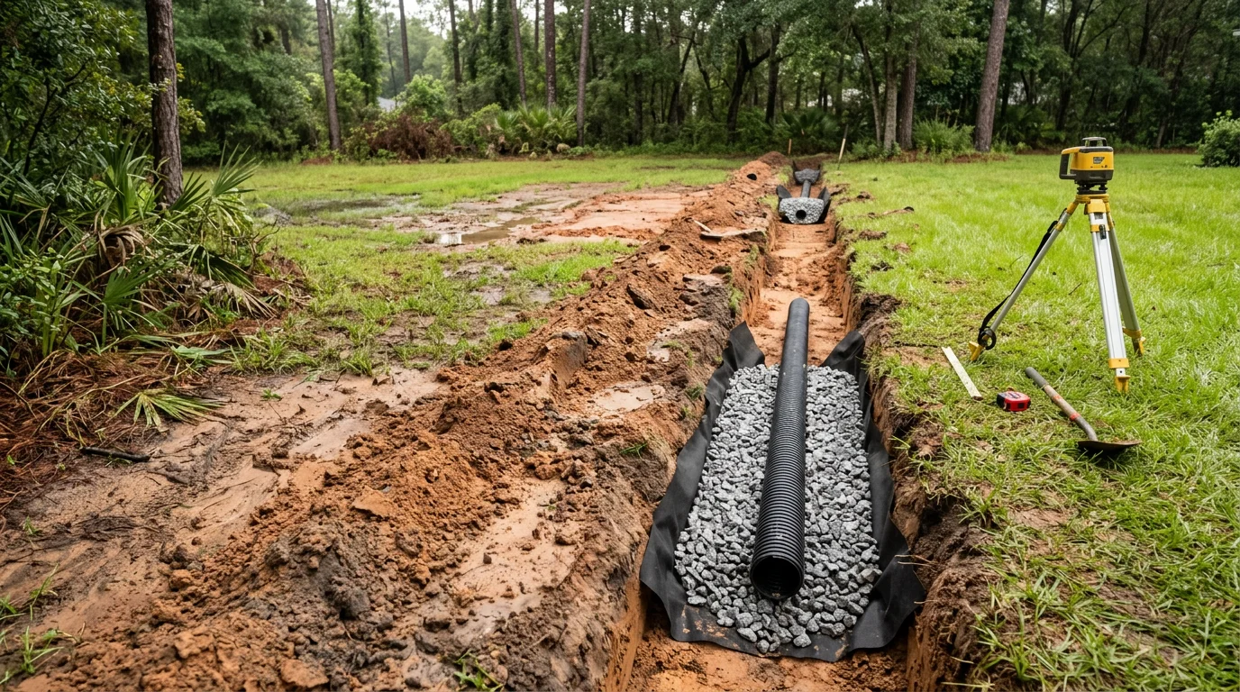A Tallahassee residential yard after a drainage system installation, showing a graded lawn with a clean surface channel directing water away from the home's foundation. The surrounding turf and landscaping remain intact with no visible pooling or erosion.