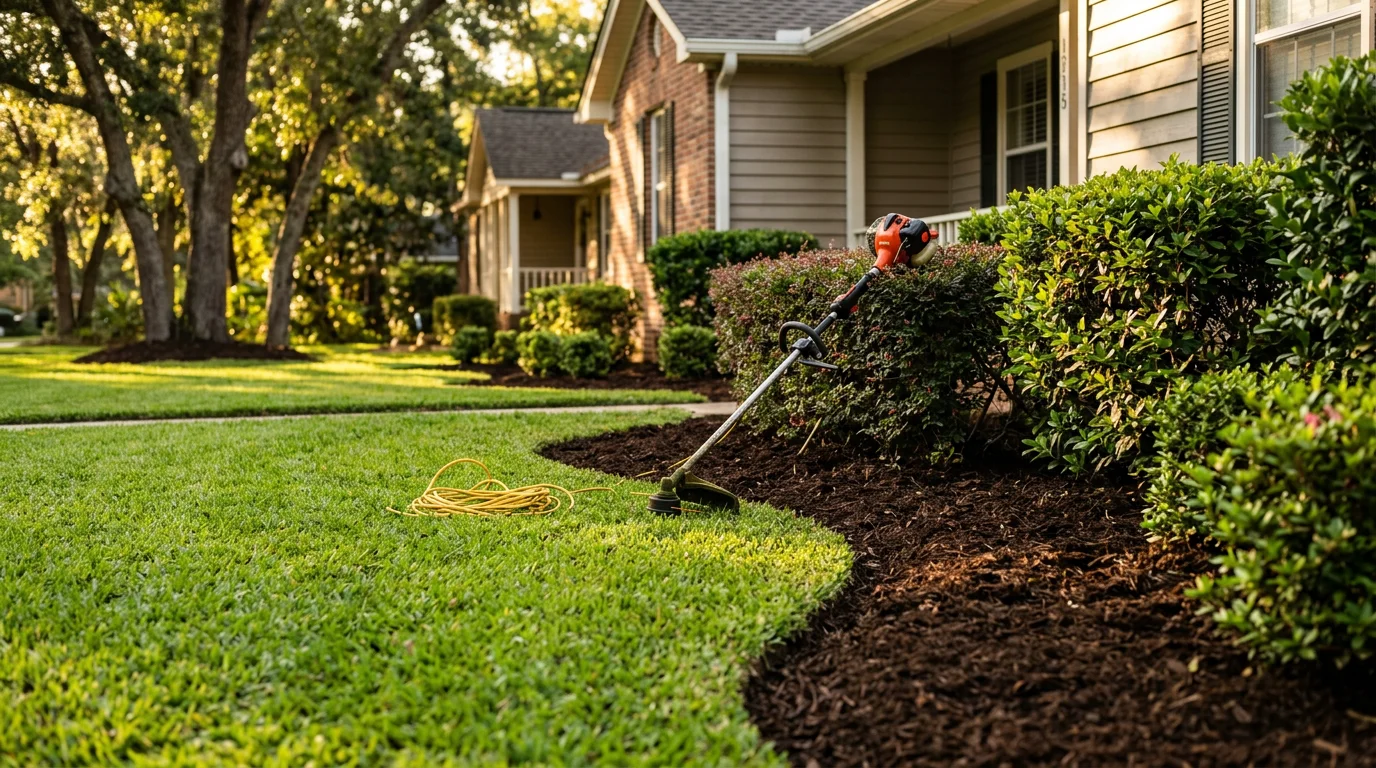 A neatly mowed and edged residential lawn in a Tallahassee neighborhood, with trimmed shrubs and clean garden beds visible along the property. Yard work completed by Talquin Landscaping serving Leon County homeowners.